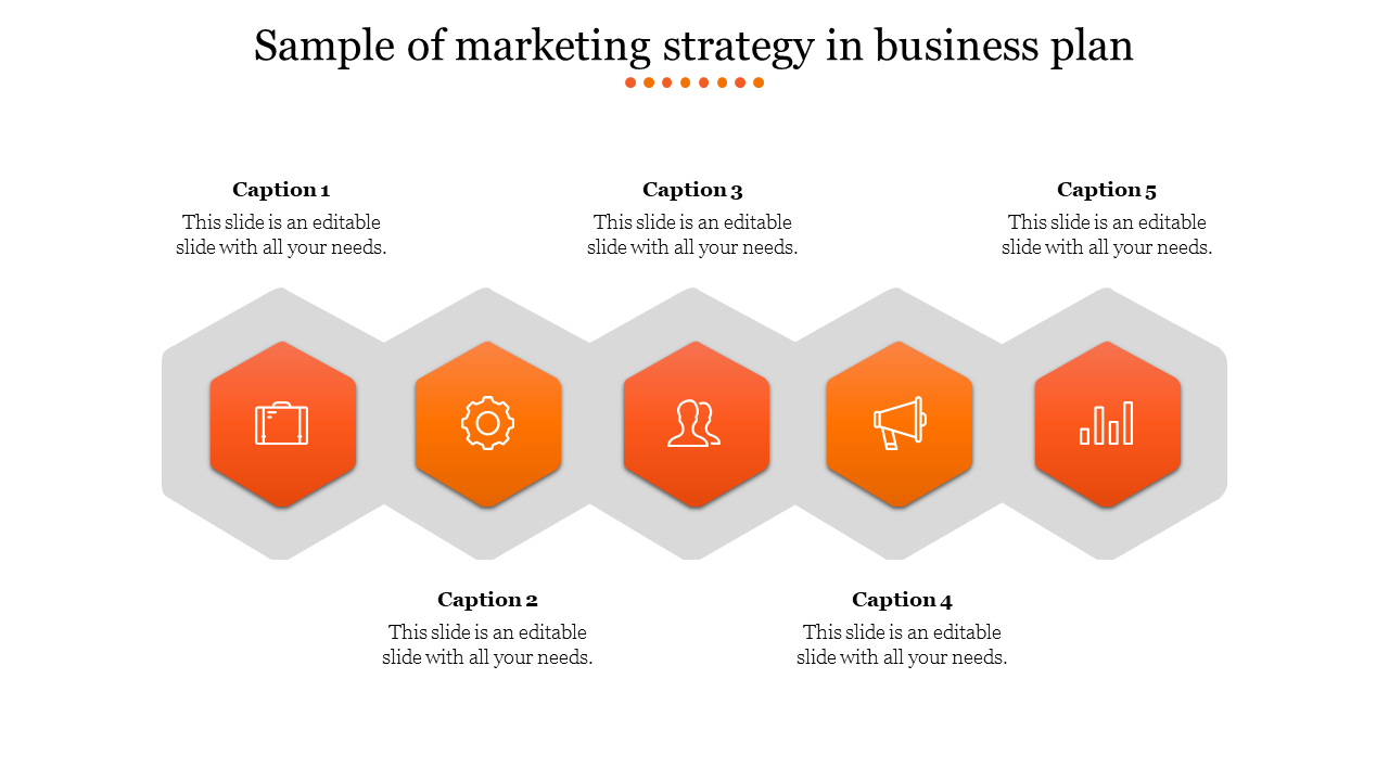 Marketing strategy diagram with five orange hexagonal icons, each representing a different business concept.