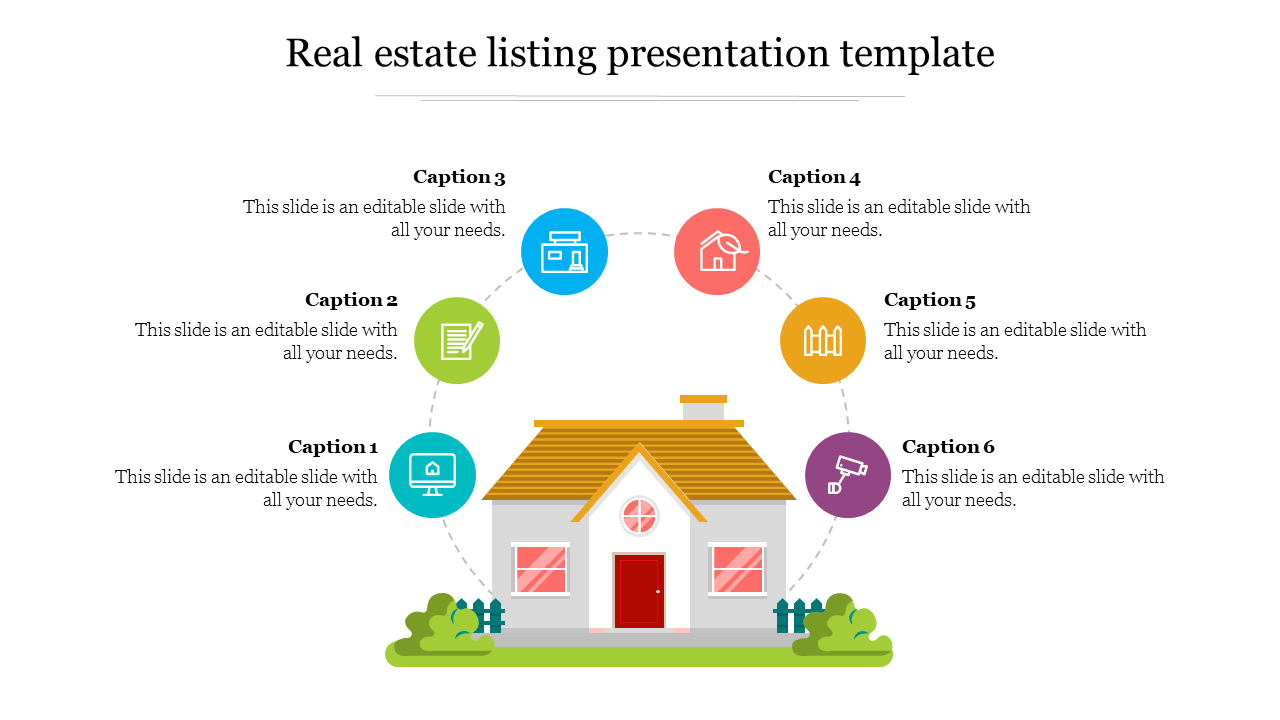 Real estate listing presentation template featuring a house graphic and six colored icons with captions.