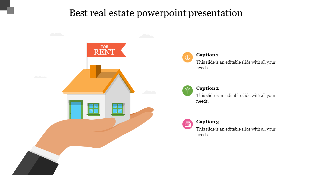 Illustration of a house with a rent sign on a hand, with three caption points on the right in orange, green, and pink.