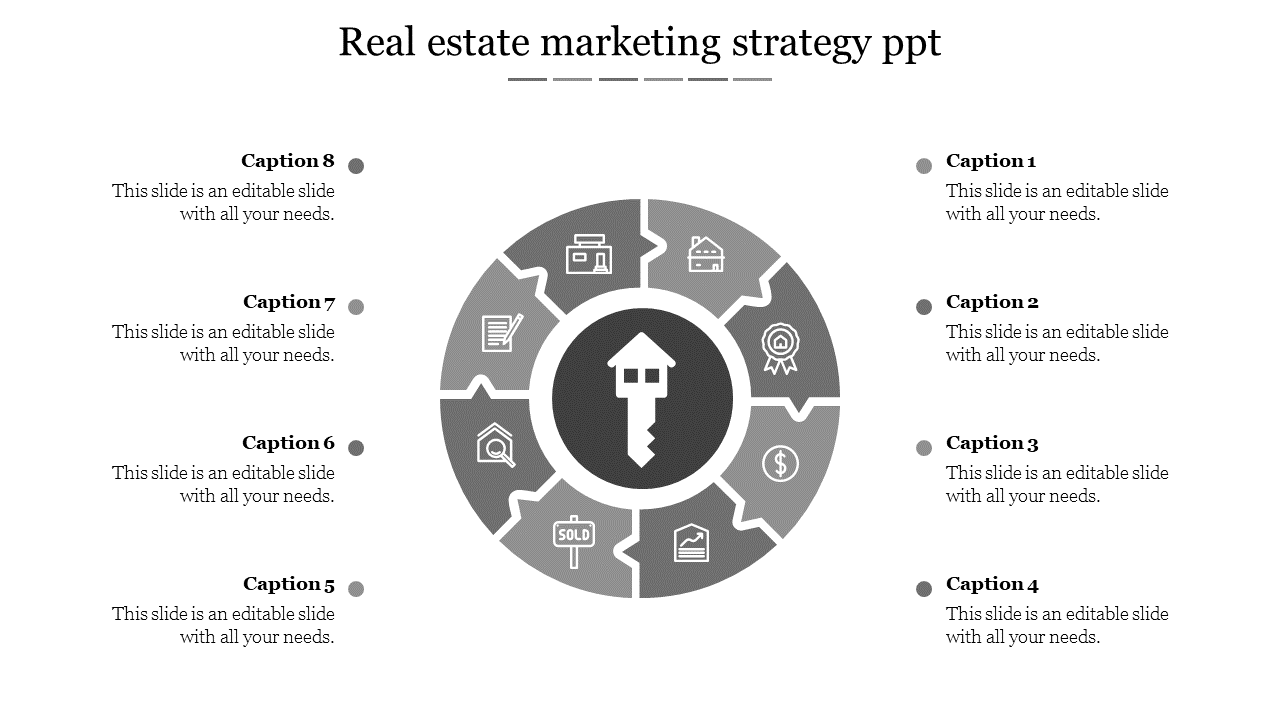 Circular infographic slide for real estate marketing strategy with icons around a central key icon with text captions.