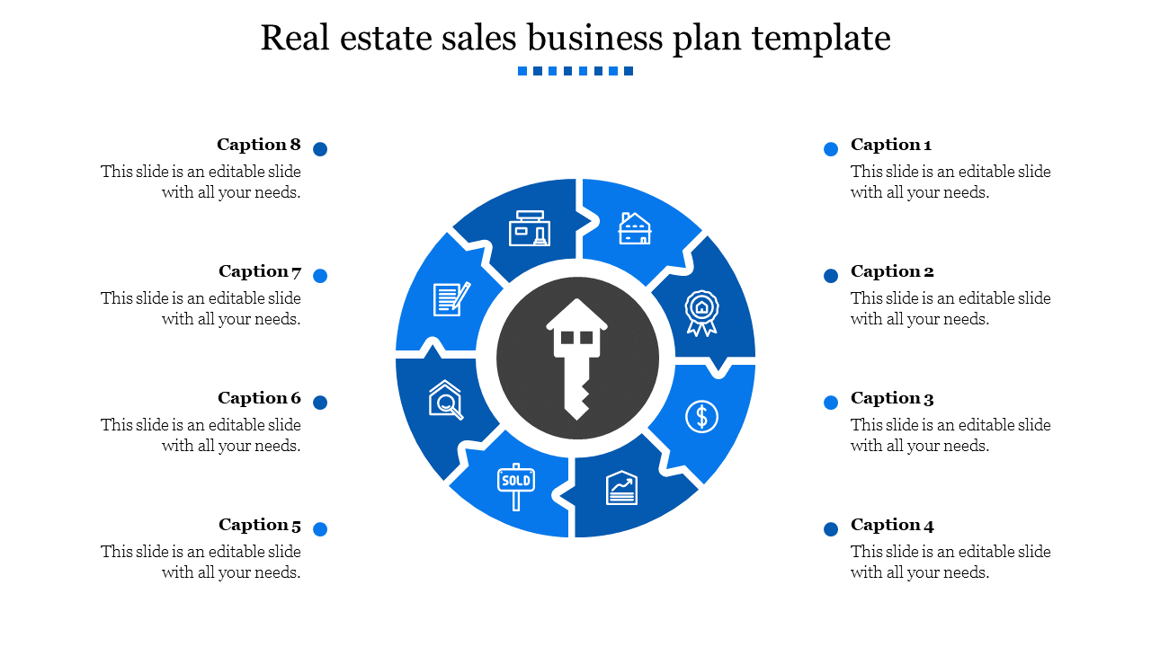 Circular infographic with a key in the center, surrounded by eight blue segments with real estate icons and placeholders.