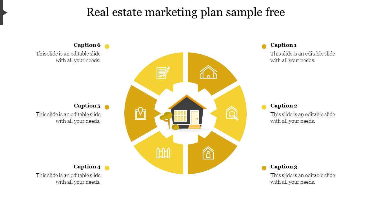 Real estate-themed diagram with a house image surrounded by six yellow sections, each displaying icons with caption  areas.