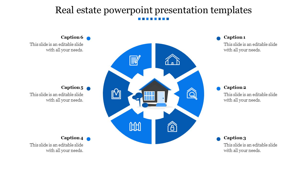 Real estate infographic featuring six segments in blue with icons and a house in the centereach placed with caption areas.