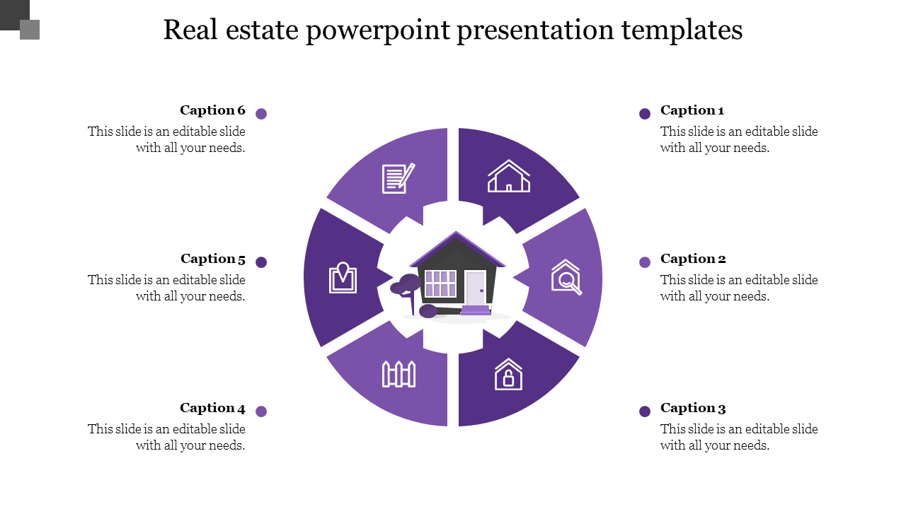 Circular real estate slide showing a house icon in the center, with six purple segments around it having icons and captions.