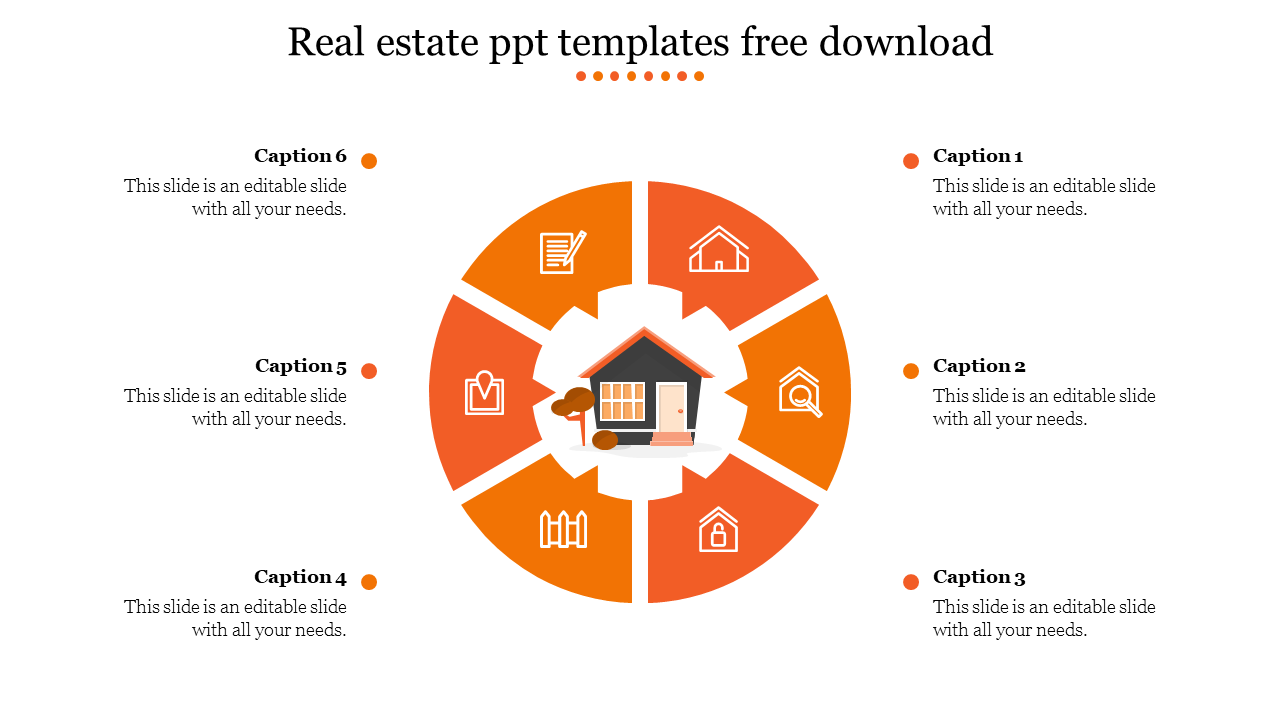 Circular diagram with six orange segments, each containing an icon related to real estate around a house icon.