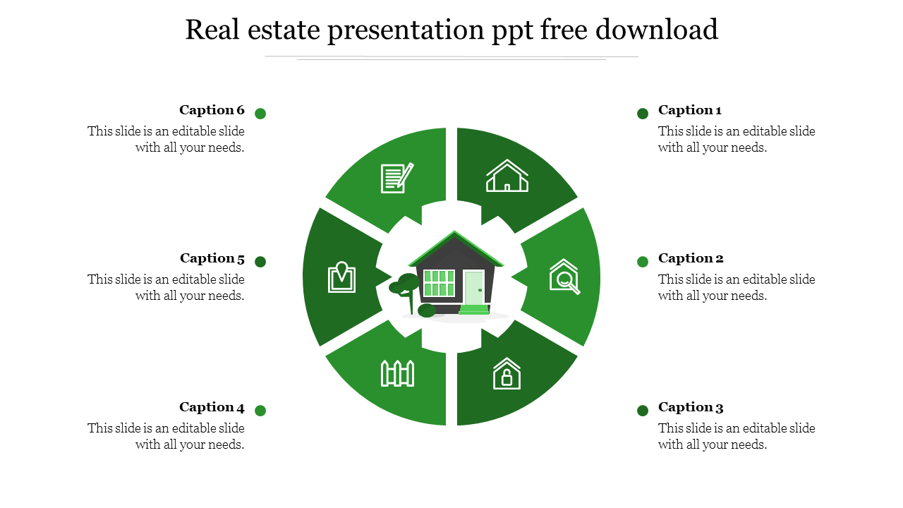 Circular infographic with six segments, each containing icons related to real estate, surrounding a house in the center.