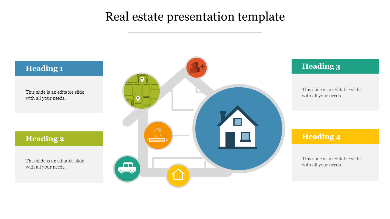 Template for real estate presentation with central house graphic, icons for property features, and four caption areas.