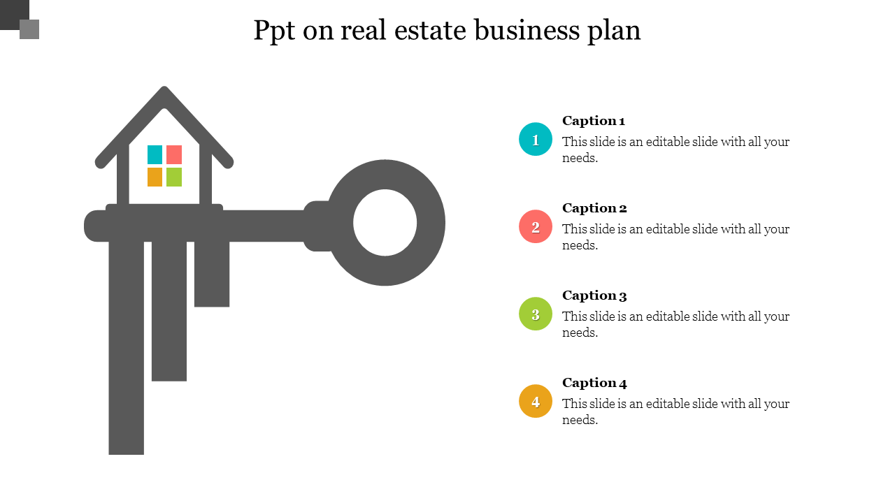 Real estate business plan slide with a symbolic key and house graphic on the left and four caption areas on the right.