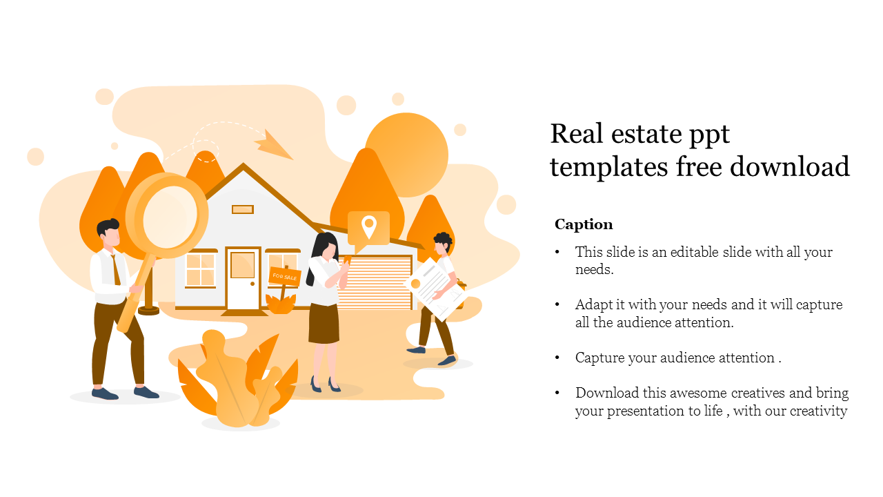 Real estate-themed template showing a house for sale, with icons of a magnifying glass, location pin, and documents. 