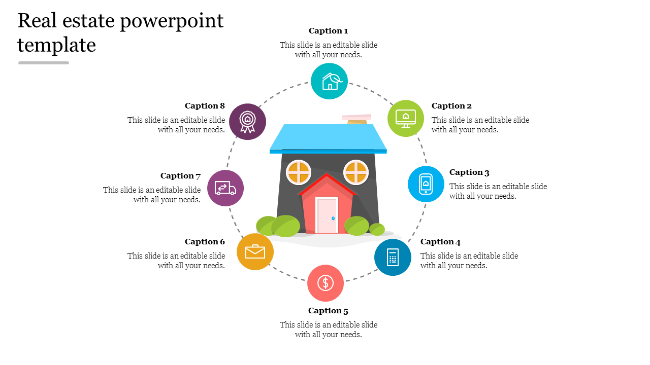 Real estate slide with a house in the center and eight icons in various colors around it, each with a caption.