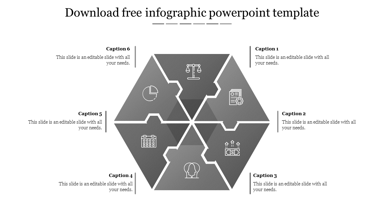 Hexagonal infographic slide with six sections and icons for various topics with icons on a grey theme and captions.