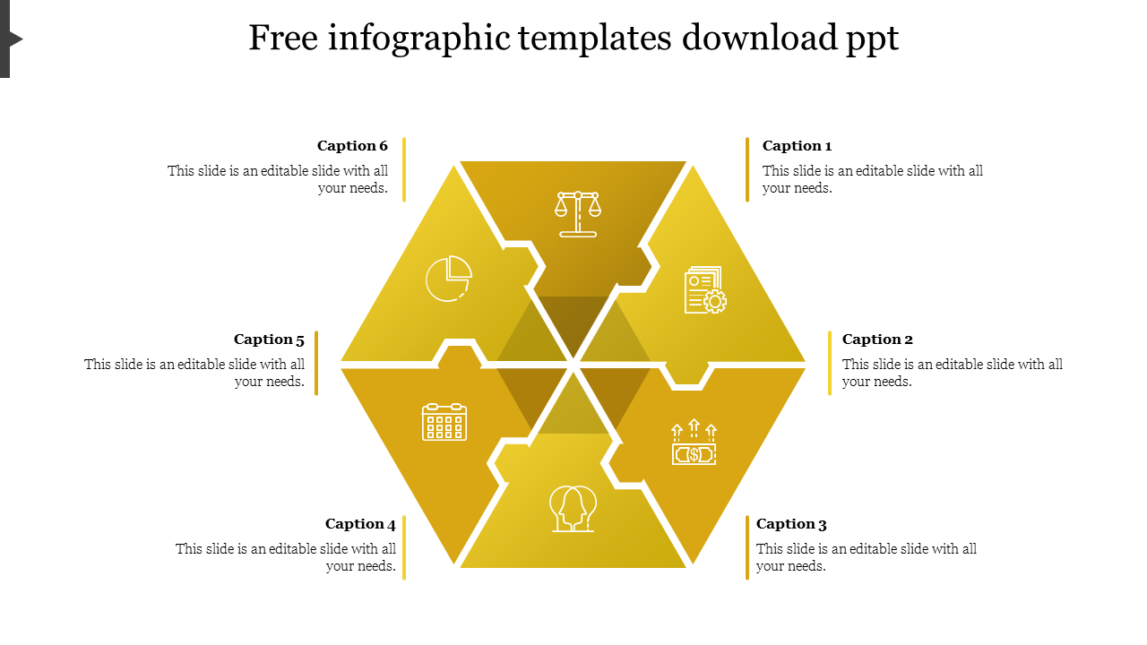 PowerPoint slide featuring a honeycomb infographic design with six sections, each with different icons and captions.