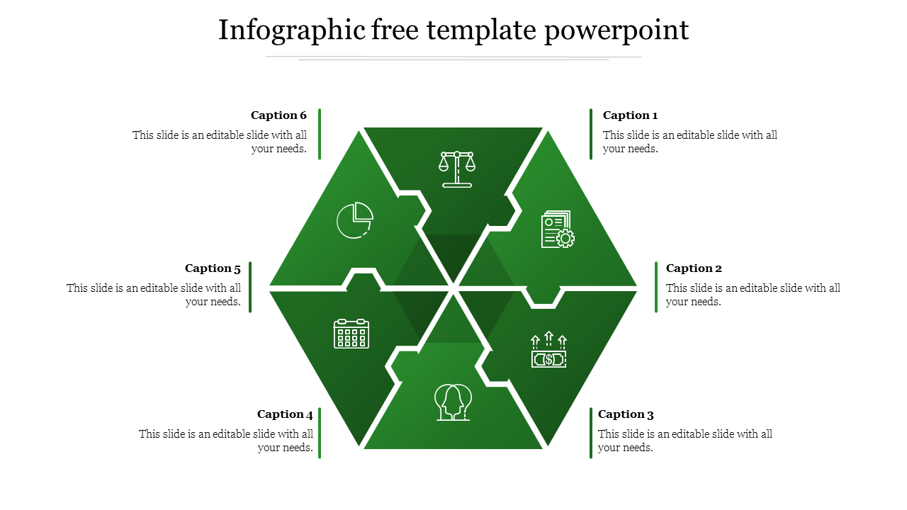 Infographic template featuring a hexagon with six green segments, each featuring a business related icon and text areas.