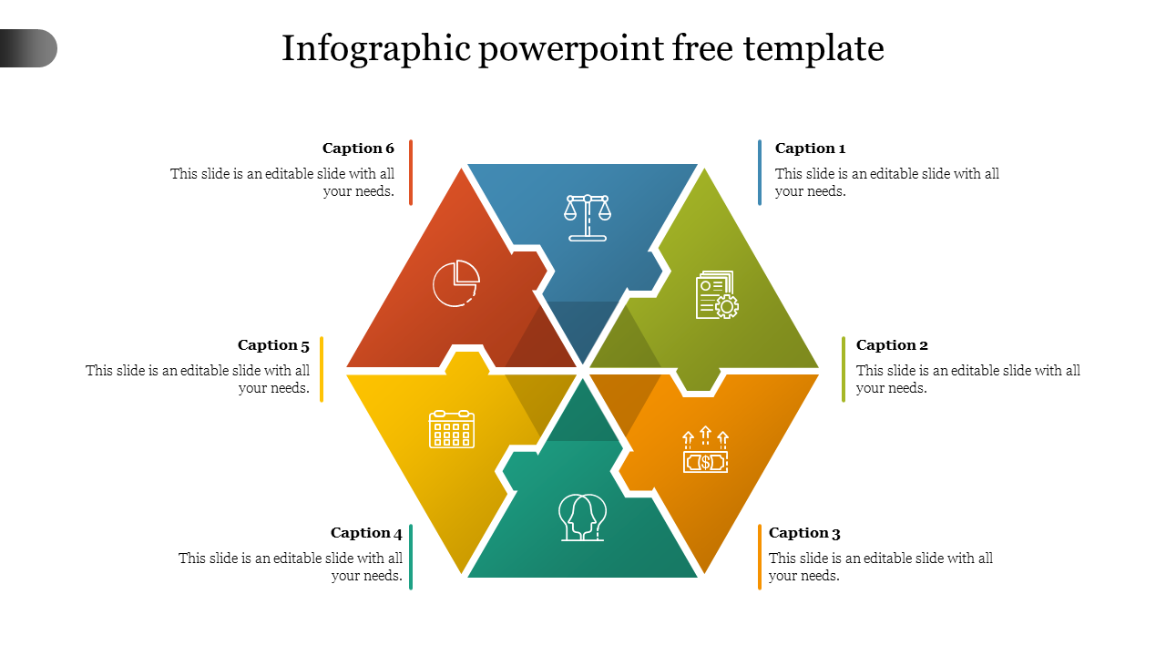 Colorful hexagonal infographic PowerPoint template with six labeled sections and business related icons with captions.