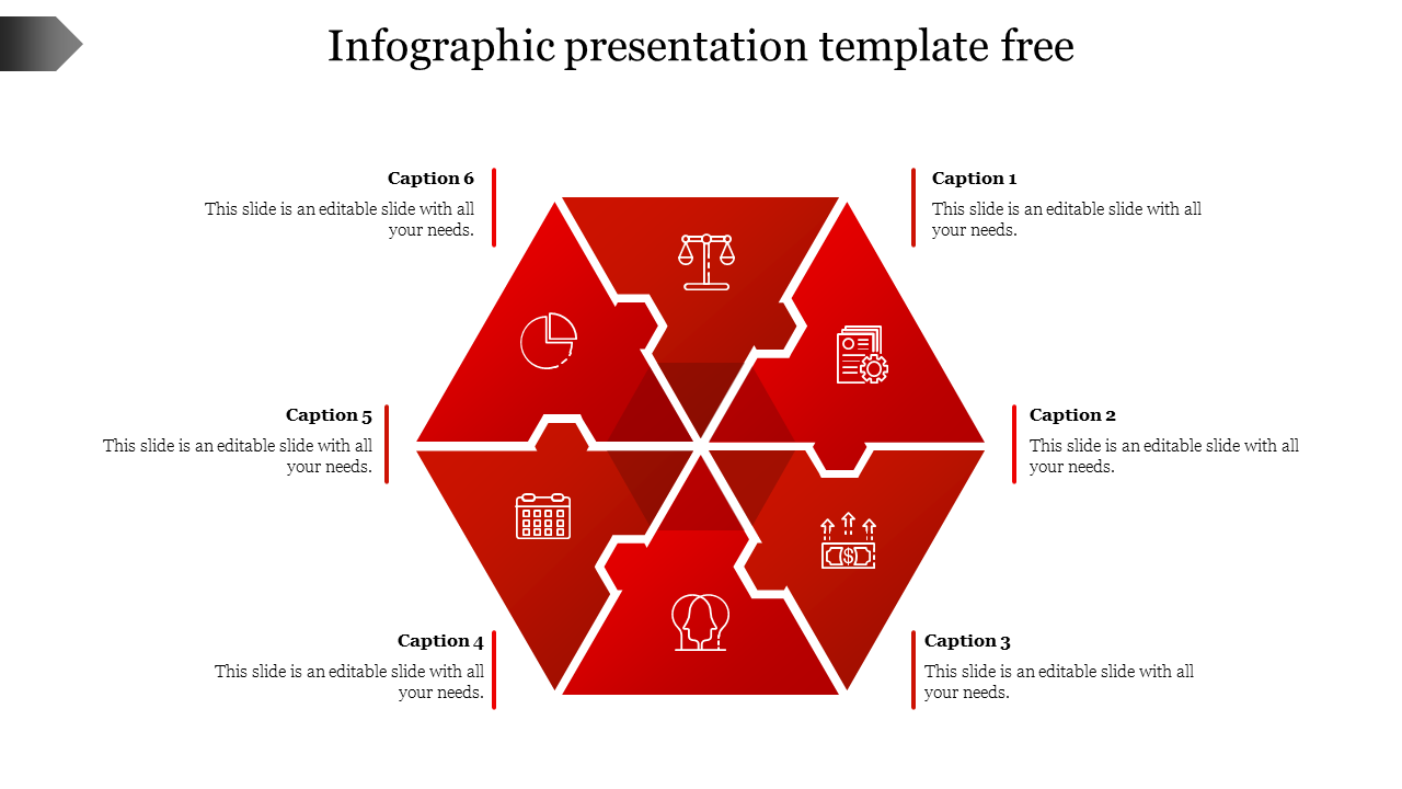 Hexagonal infographic PowerPoint template with six red segments, each containing white icons and placeholder text.