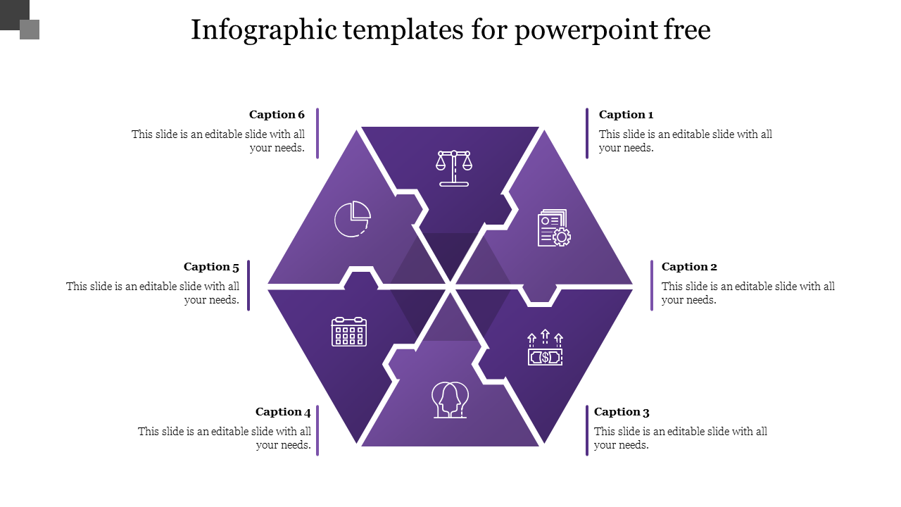 A purple hexagonal design with six sections, each containing an icon and a placeholder for captions.