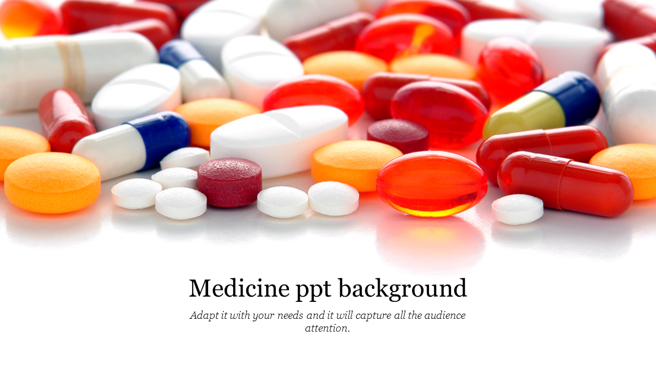 Medicine themed background image with various colorful pills and capsules scattered across a white surface with text area.