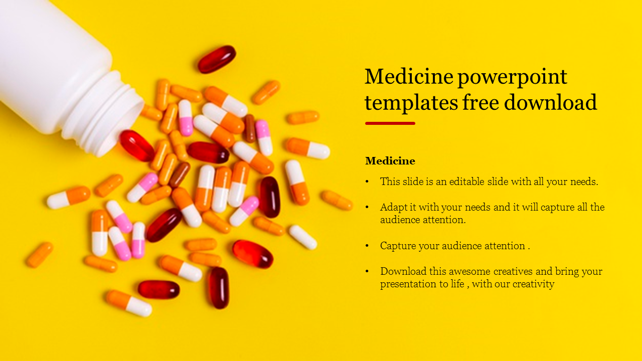 Medicine slide with scattered colorful pills from a white bottle on a bright yellow background with text caption.