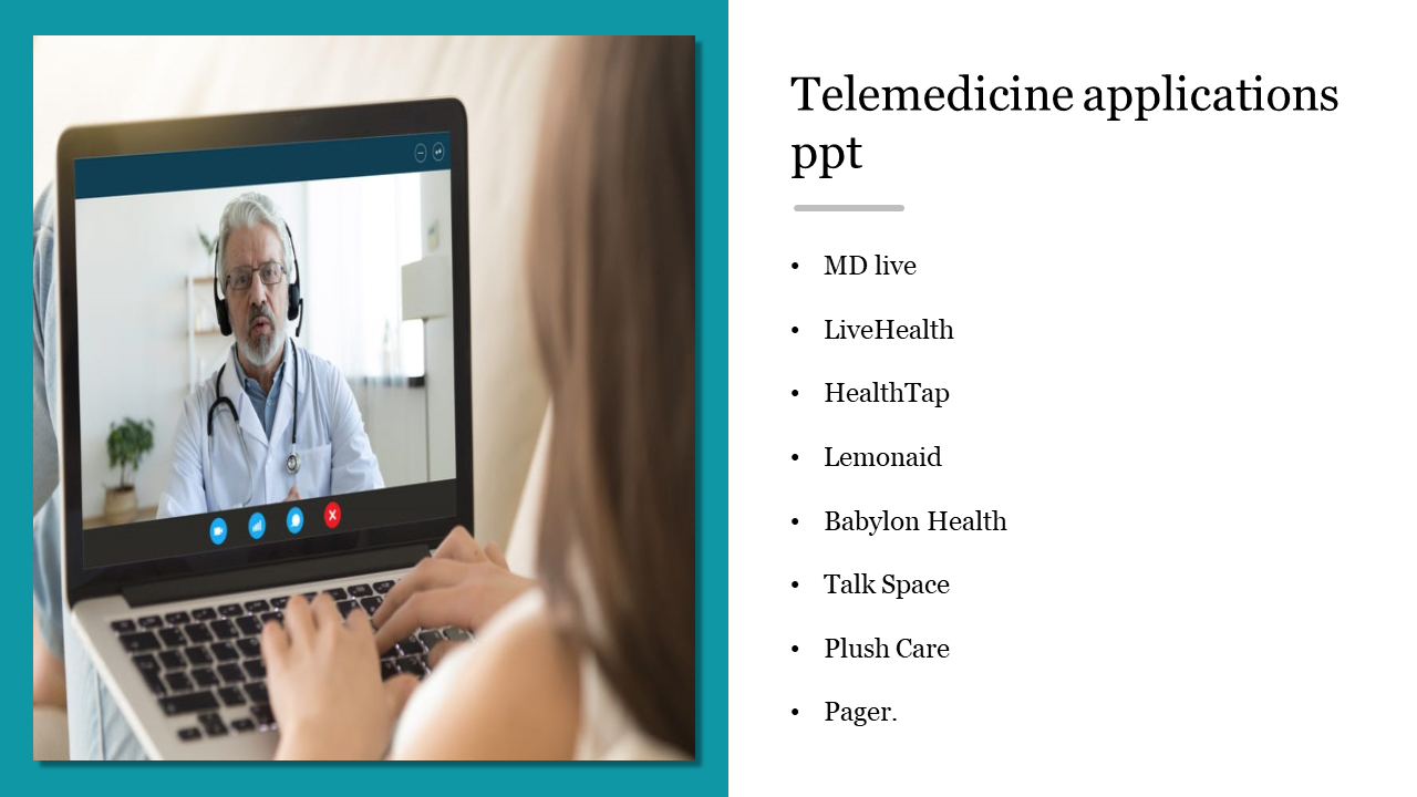 A video consultation with a doctor on a laptop,and a list of telemedicine applications on the right side.