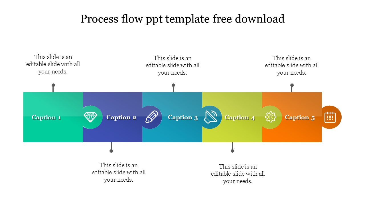 Step-by-step process flow featuring icons for diamond, pencil, megaphone, gear, and calendar.