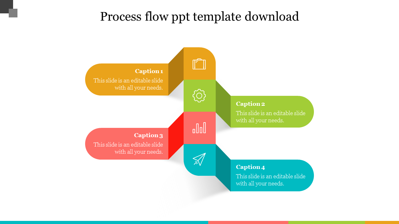 Process flow diagram with yellow, green, red, and blue segments, each featuring curved connectors and icons.