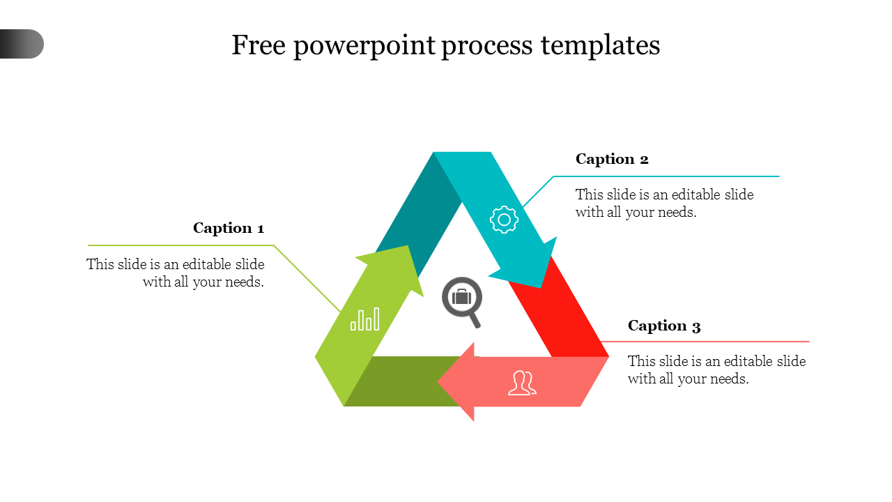 Triangular process flow PowerPoint template with three interconnected colored arrows and text captions with icons.