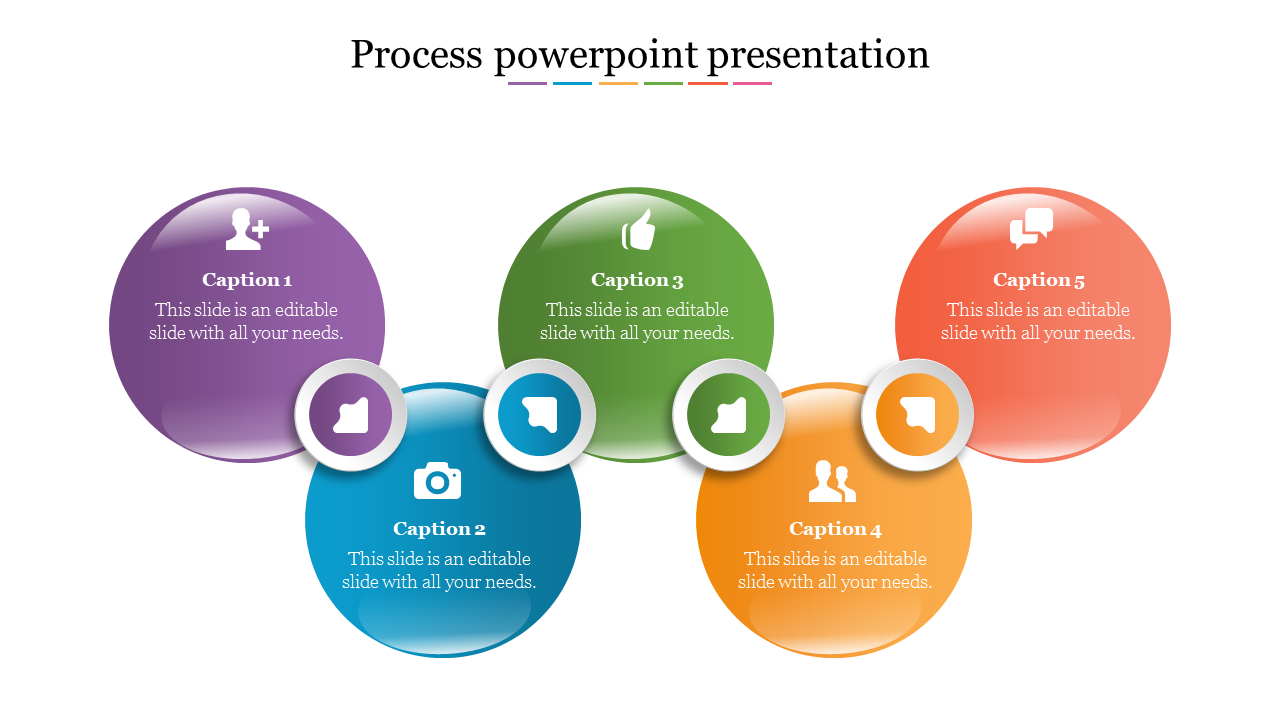 Five glossy spheres in purple, blue, green, orange, and red, arranged in a structured layout with icons and captions.