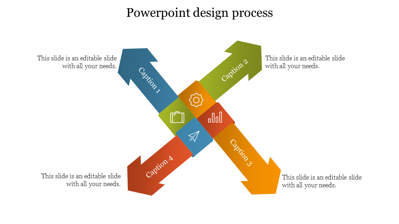 PowerPoint design process template with four intersecting colored arrows and icons with captions and placeholder text.