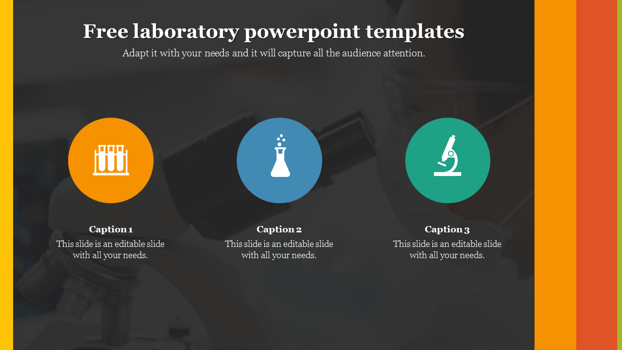 Laboratory PowerPoint template featuring colorful icons for scientific equipment and a bold header with captions.