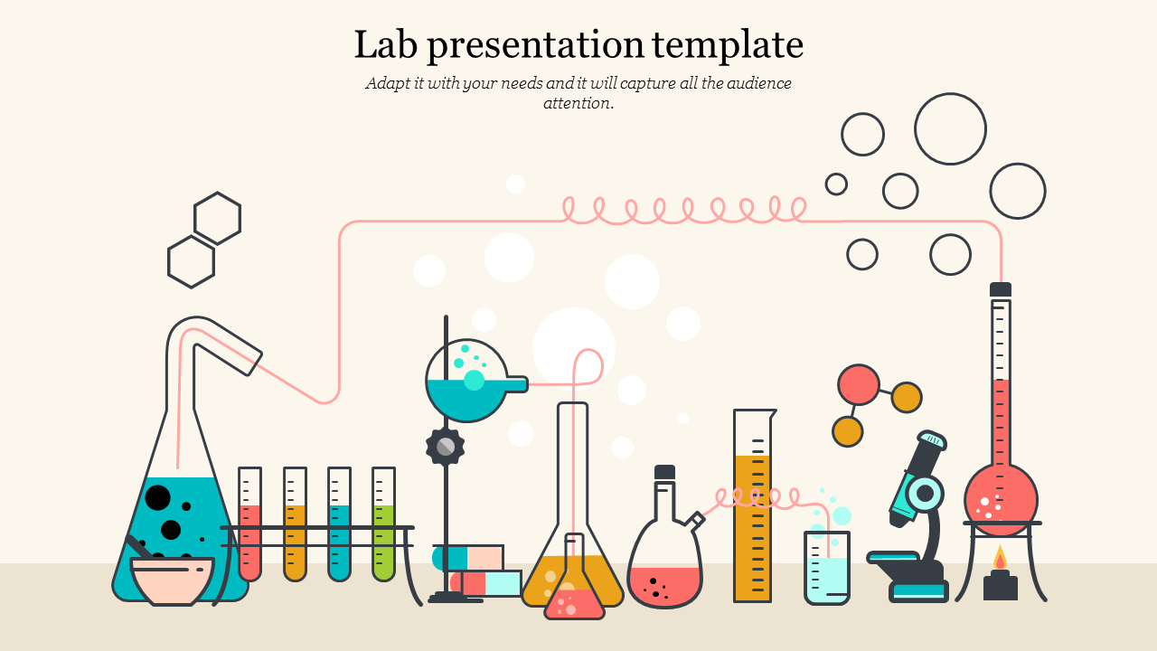 Lab equipment illustrations, including flasks, test tubes, and a microscope, connected by tubes with a caption area. 