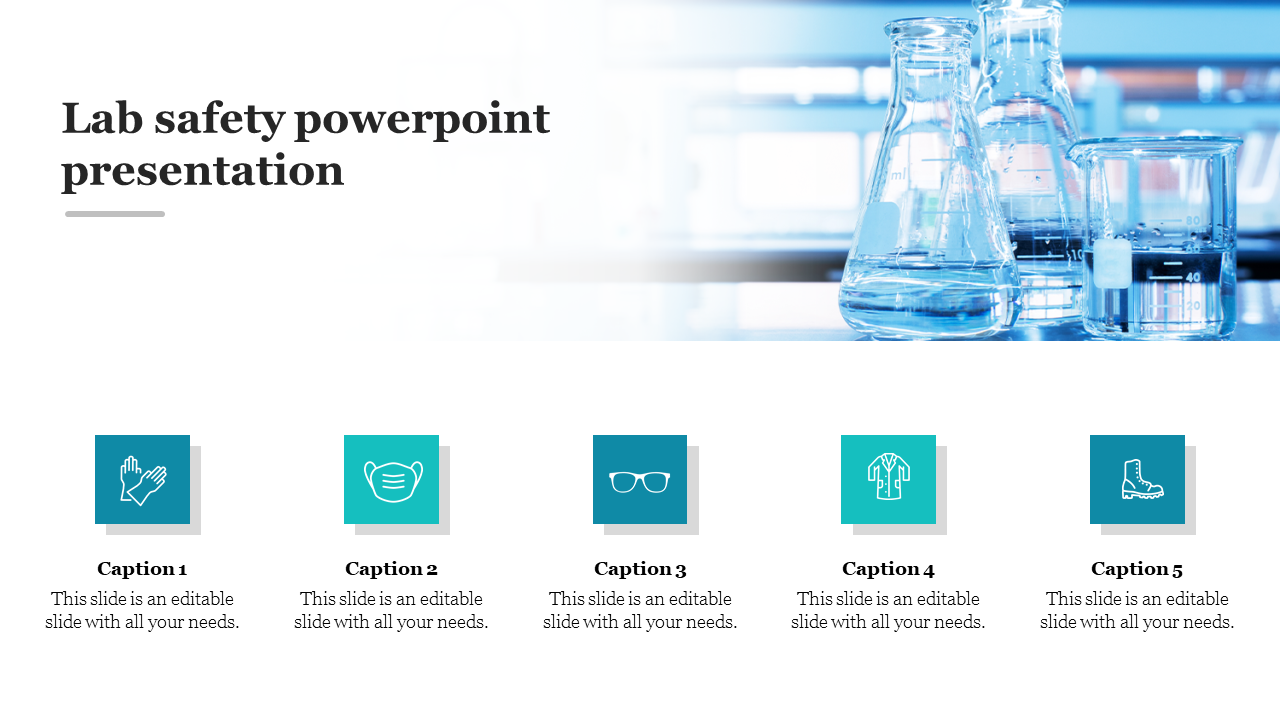 Glass beakers and flasks on a lab table with five safety icons for lab attire and equipment in blue boxes below.