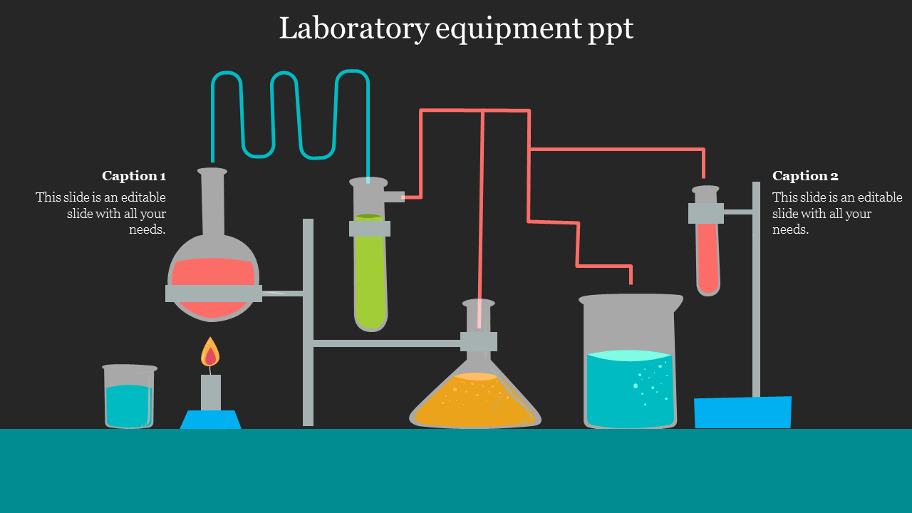 Laboratory equipment slide showing flasks, beakers, and tubes connected with liquids in various colors and captions areas.