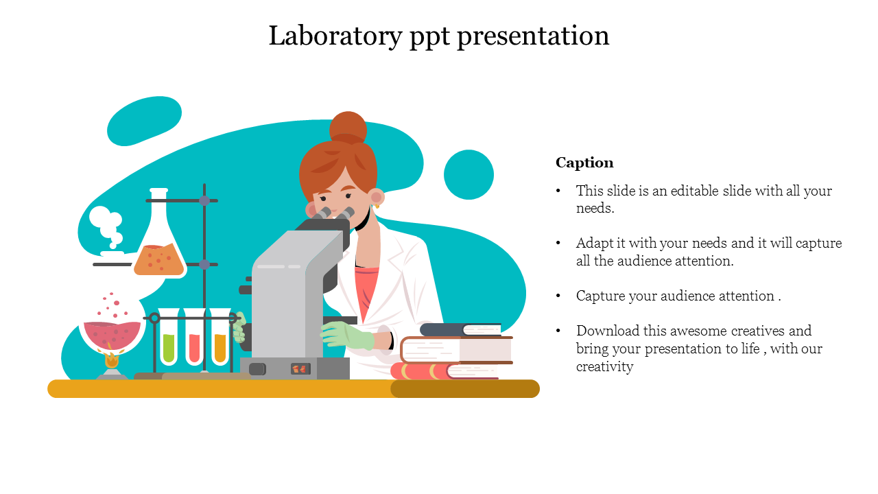 A scientist using a microscope with lab equipment and books around, on a teal overlay, with text on the right.