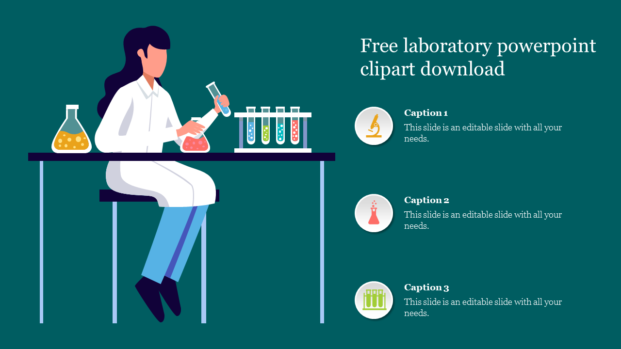 Illustration of a scientist at a table with colorful lab equipment on a teal backdrop and three caption icons on the right.