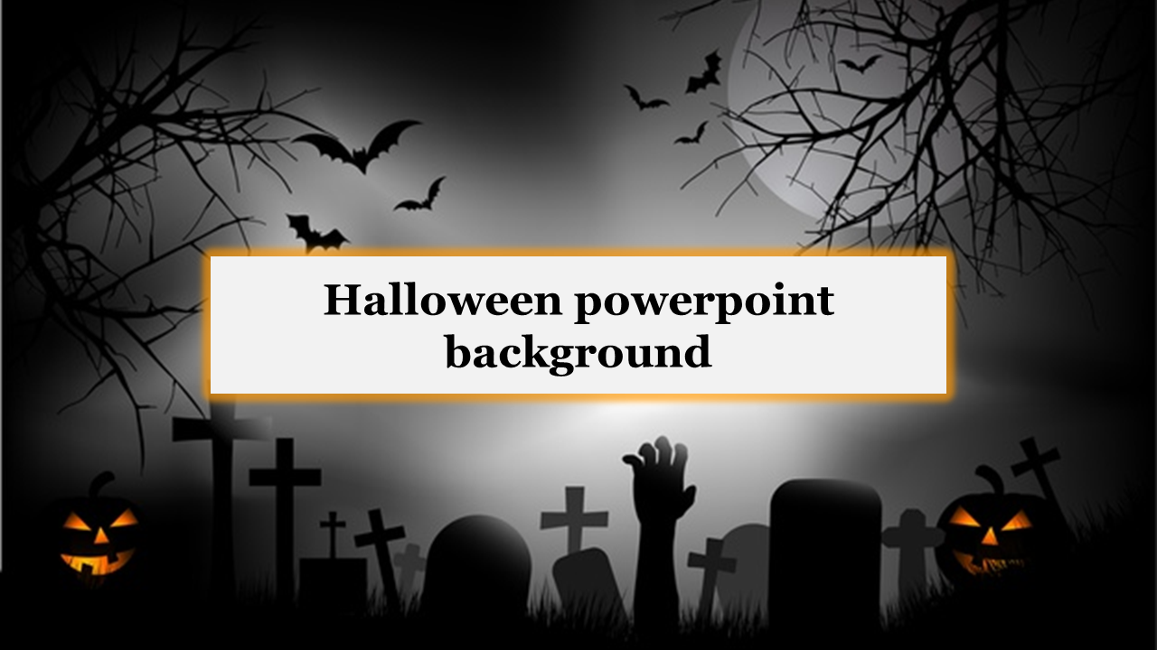 Halloween themed PowerPoint background slide featuring a spooky graveyard with bats and a glowing jack o lantern.