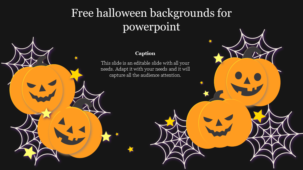 Halloween background slide with smiling pumpkins, spider webs, and yellow stars against a dark background.