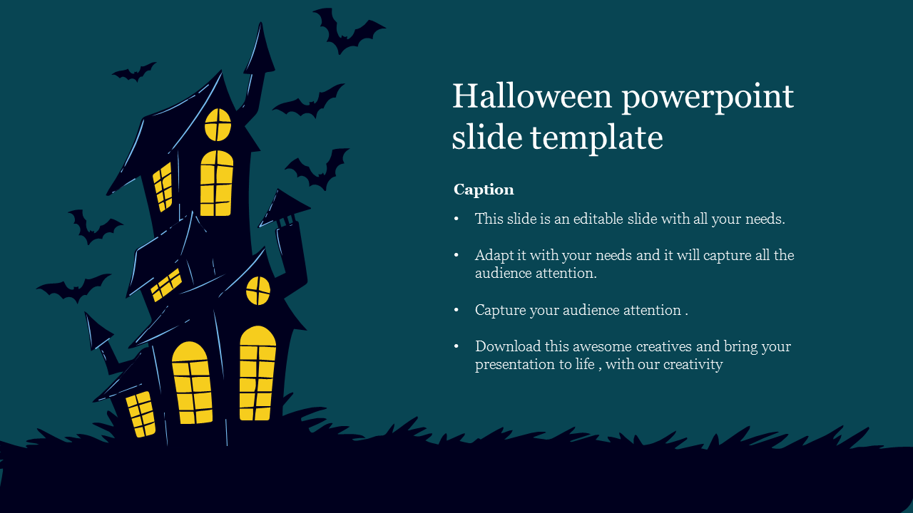 Spooky Halloween PowerPoint slide featuring a haunted house with glowing windows, flying bats, and text.