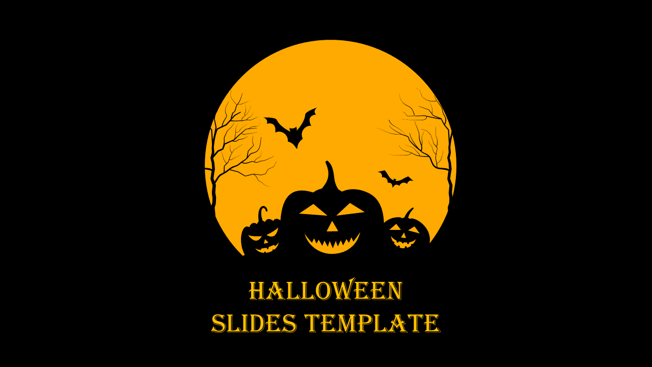 Spooky Halloween background with glowing pumpkins, bats flying, and a dark tree silhouette against an orange moon.