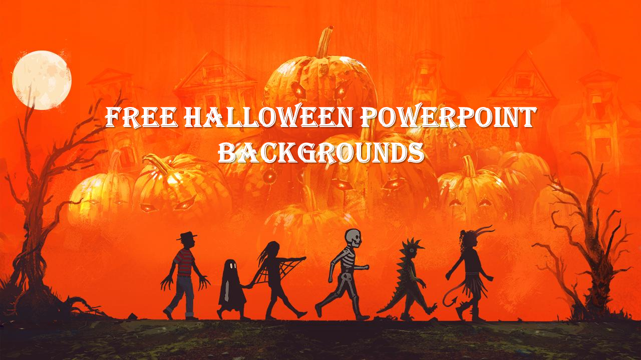 Creepy Halloween PowerPoint background featuring a group of silhouetted trick or treaters against glowing jack o lanterns.