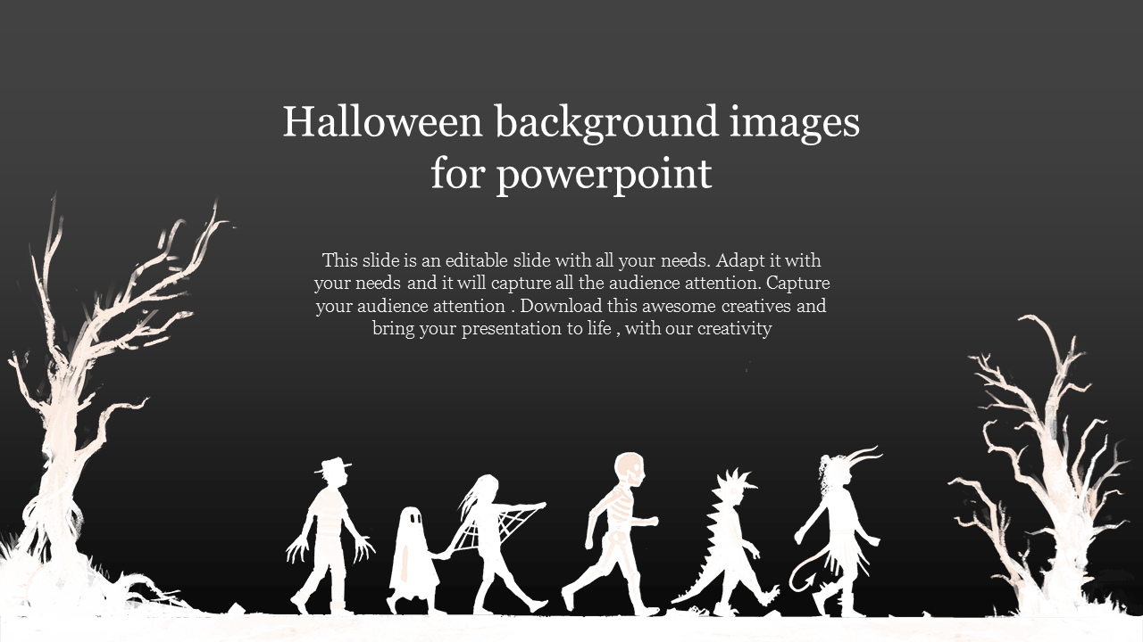 White illustrations of children in Halloween costumes walking past bare trees, and text, set on a dark background.