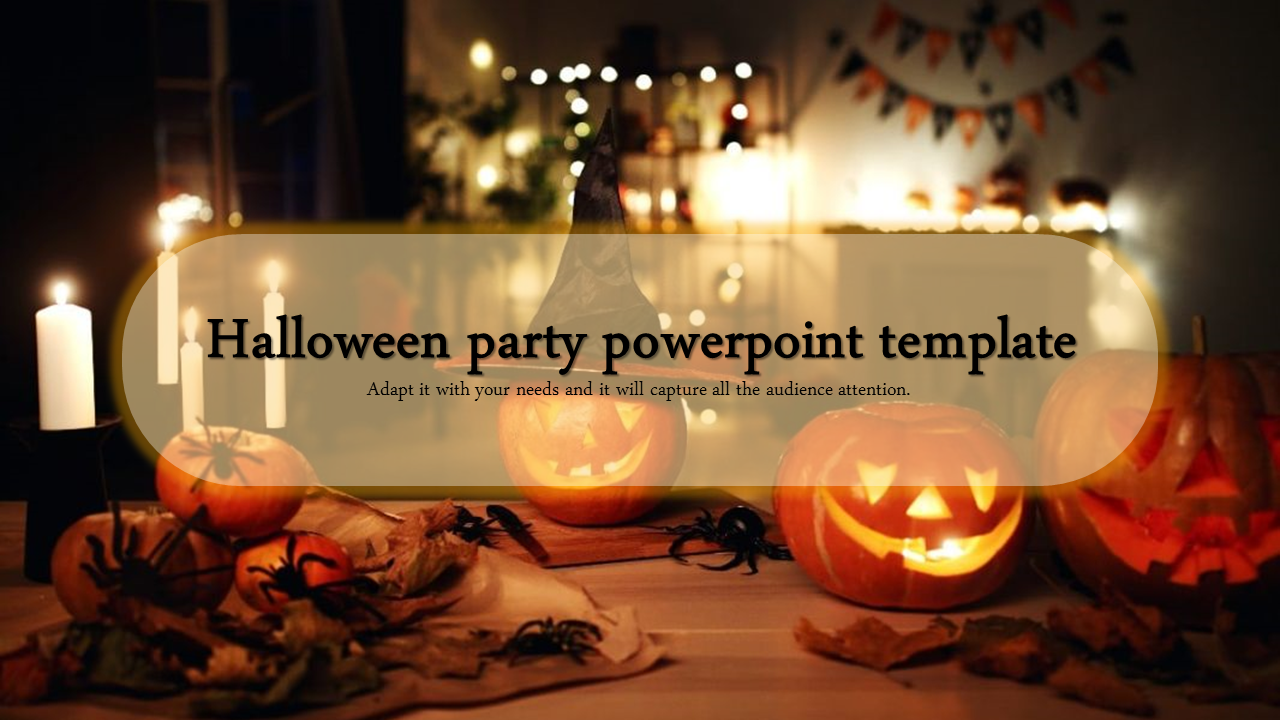 Halloween party template with carved pumpkins, candles, and festive decorations on a dimly lit table.