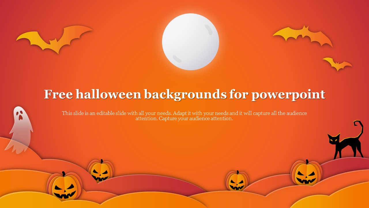 Halloween slide with pumpkins, a ghost, a cat, and flying bats on a gradient orange background with a moon.