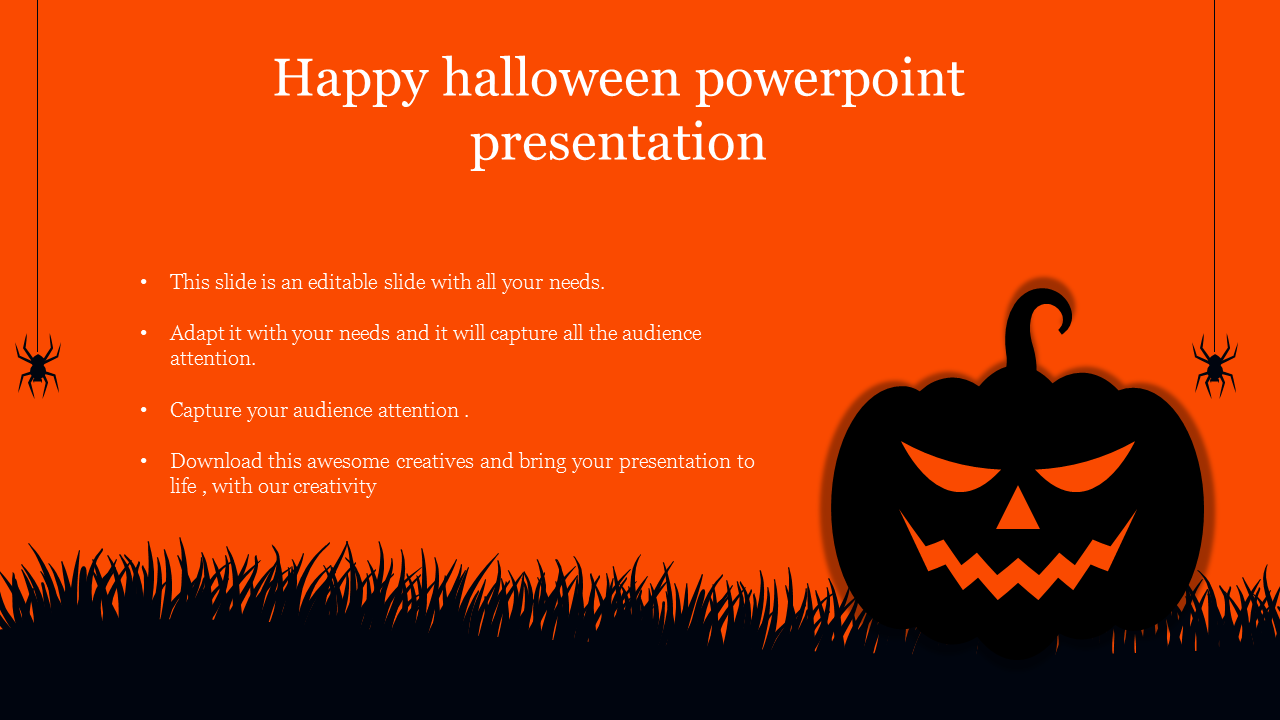 Halloween themed slide featuring an orange background with a carved pumpkin face and hanging spiders, with text.