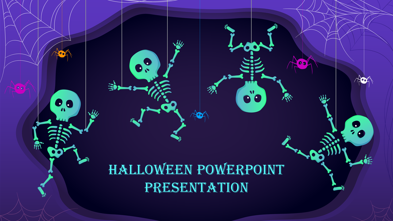 Spooky Halloween PowerPoint template featuring glowing skeletons hanging from strings with spiders and web decorations.