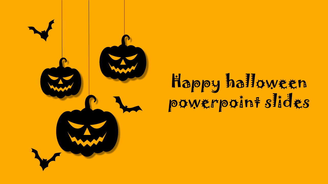 Happy Halloween PowerPoint slide with black hanging jack o lanterns and bats on an orange background.