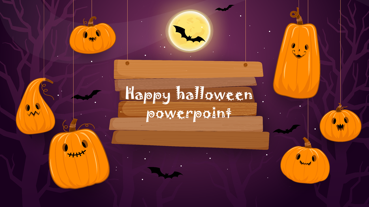 Hanging pumpkins and wooden sign with title, under a full moon with bat, all on a purple background with trees and stars.