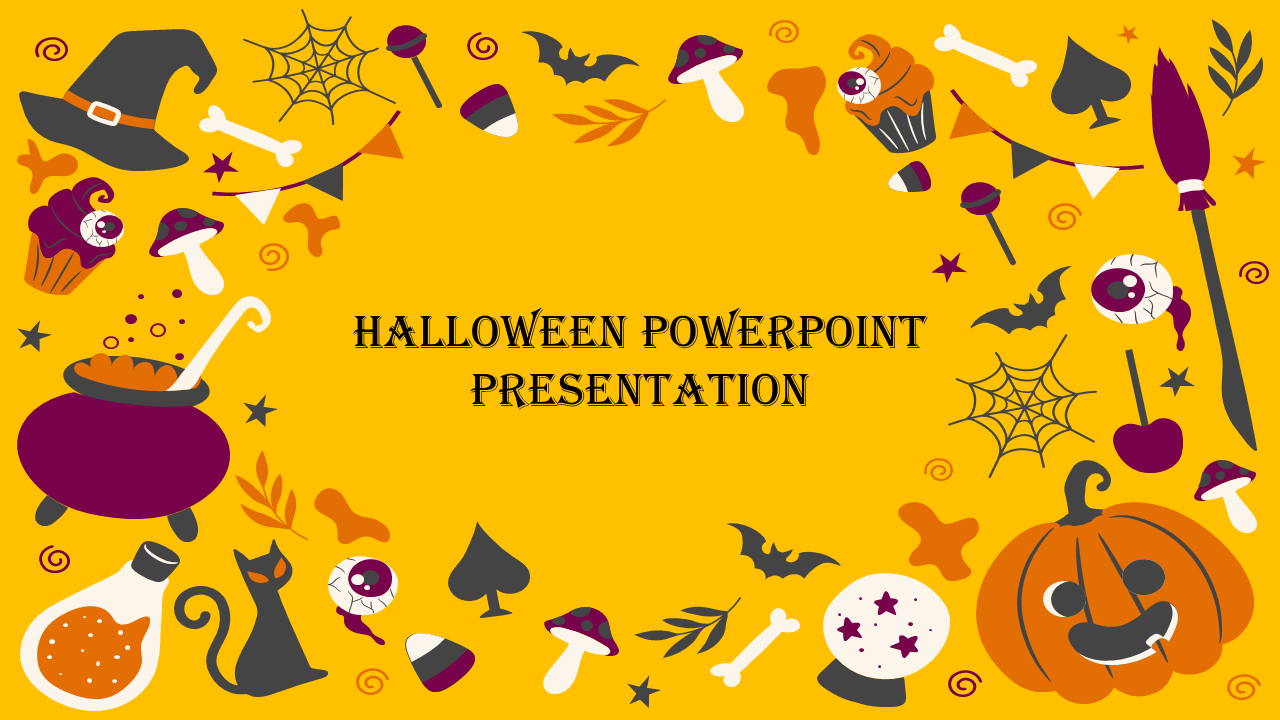 Halloween slide with illustrations of pumpkins, candies, mushrooms, a potion, and a broomstick on a yellow background.