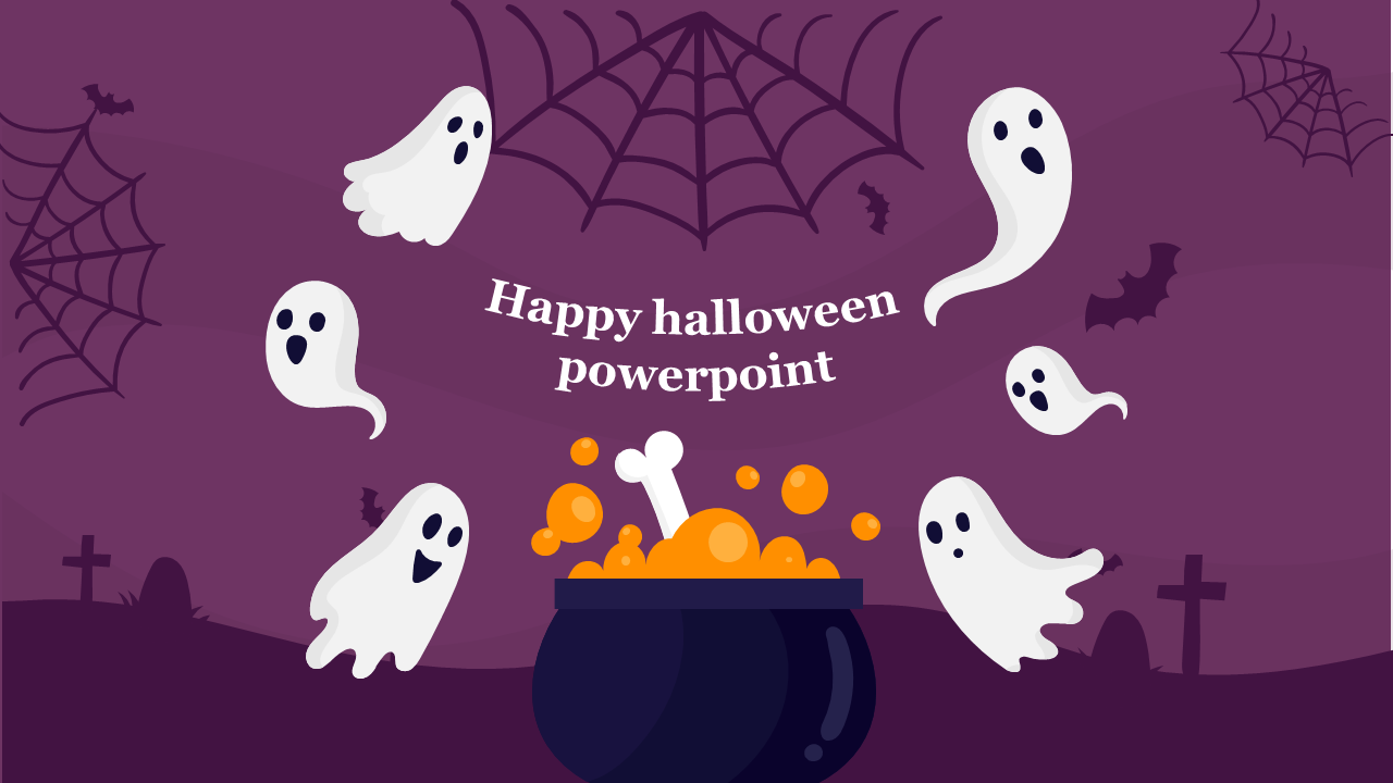 Happy Halloween PowerPoint slide featuring ghosts, a bubbling cauldron, cobwebs, and bats on a spooky purple background.