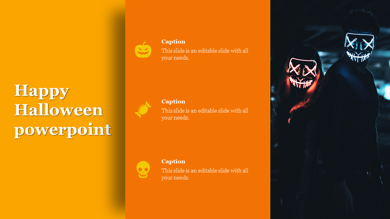 Happy Halloween PowerPoint slide with a dark themed masked duo, orange layout, and spooky icons for a festive design.