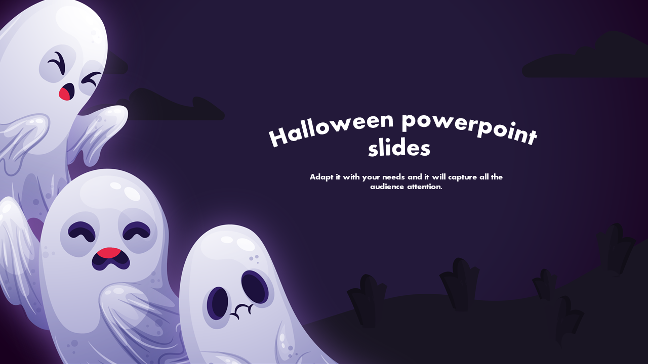 Halloween slide with three animated ghosts on the left, each with a unique expression, on a dark purple background.